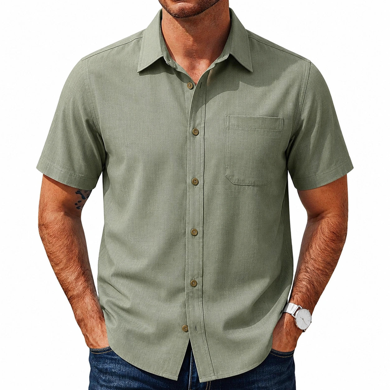 Chemise homme M vert kaki à manches courtes style décontracté
