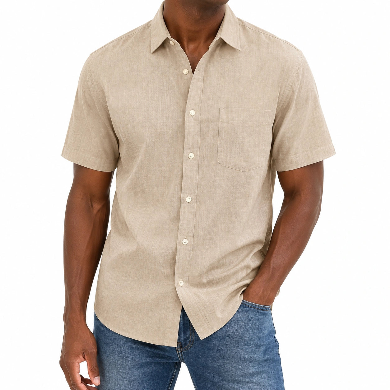 Chemise homme L en lin beige à manches courtes style décontracté