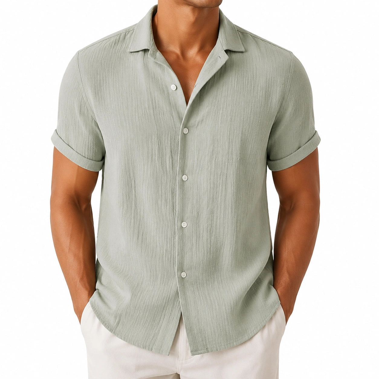 Chemise homme L en tissu texturé vert sauge à manches courtes style décontracté