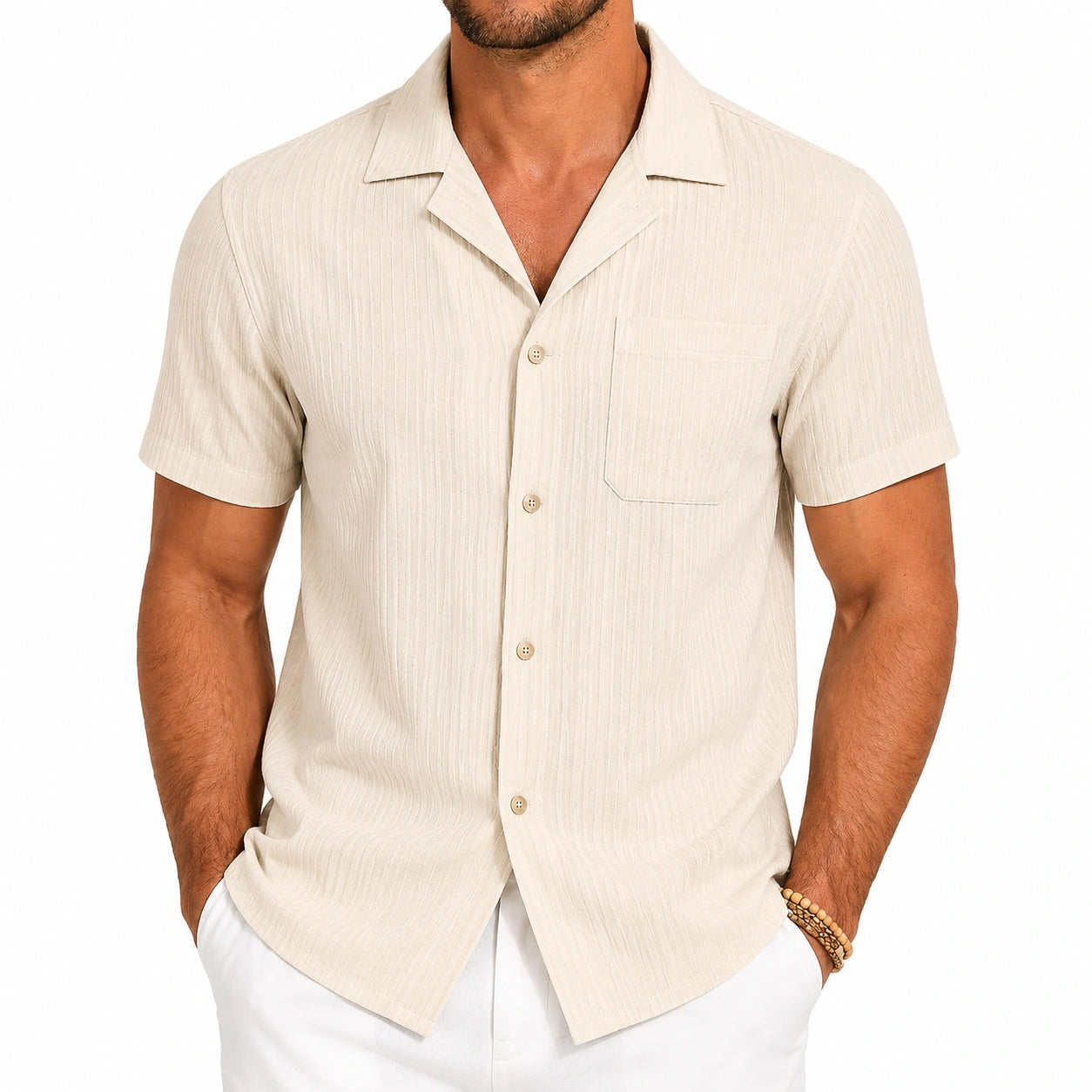 Chemise homme XL en tissu texturé beige à manches courtes style décontracté