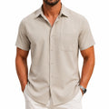 Chemise homme XL en tissu tissé beige à manches courtes avec poche poitrine