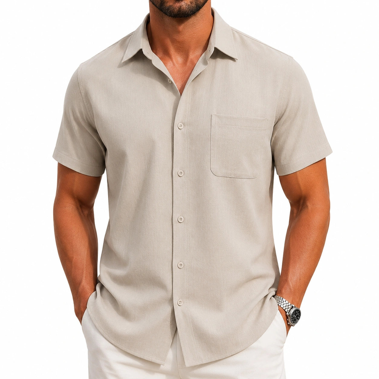 Chemise homme XL en tissu tissé beige à manches courtes avec poche poitrine