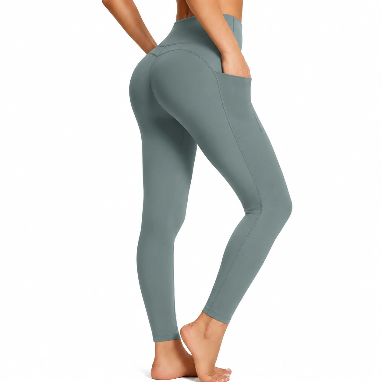 Legging femme S vert sauge extensible taille haute avec poche sport
