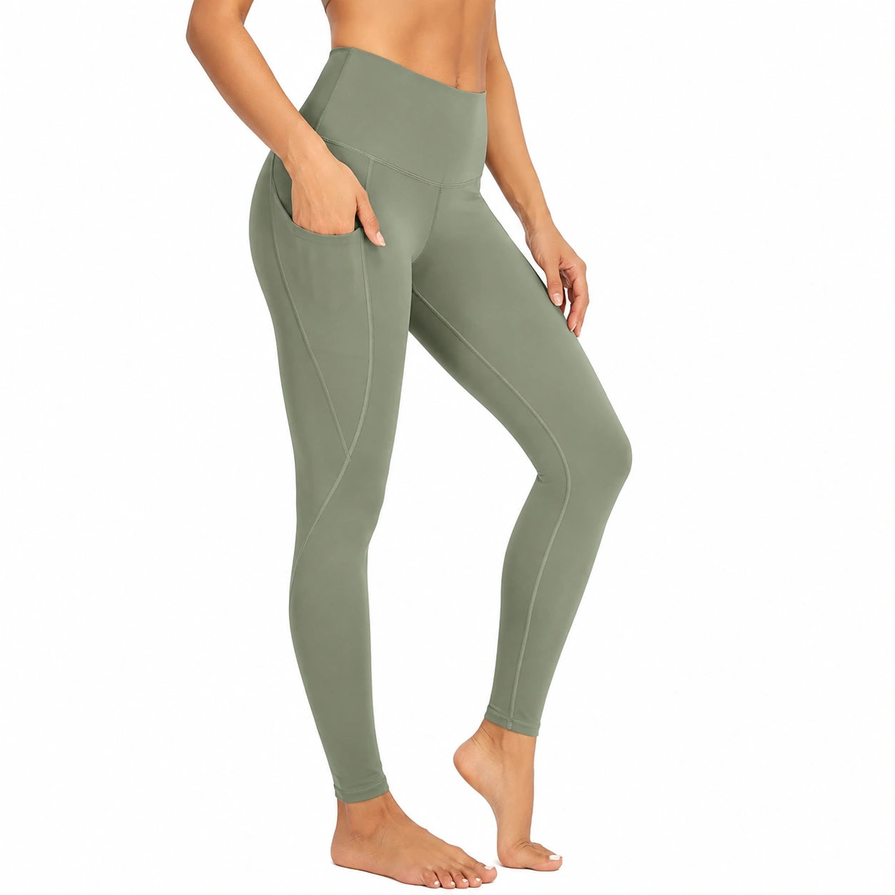 Legging femme M vert taille haute extensible avec poches latérales pour sport