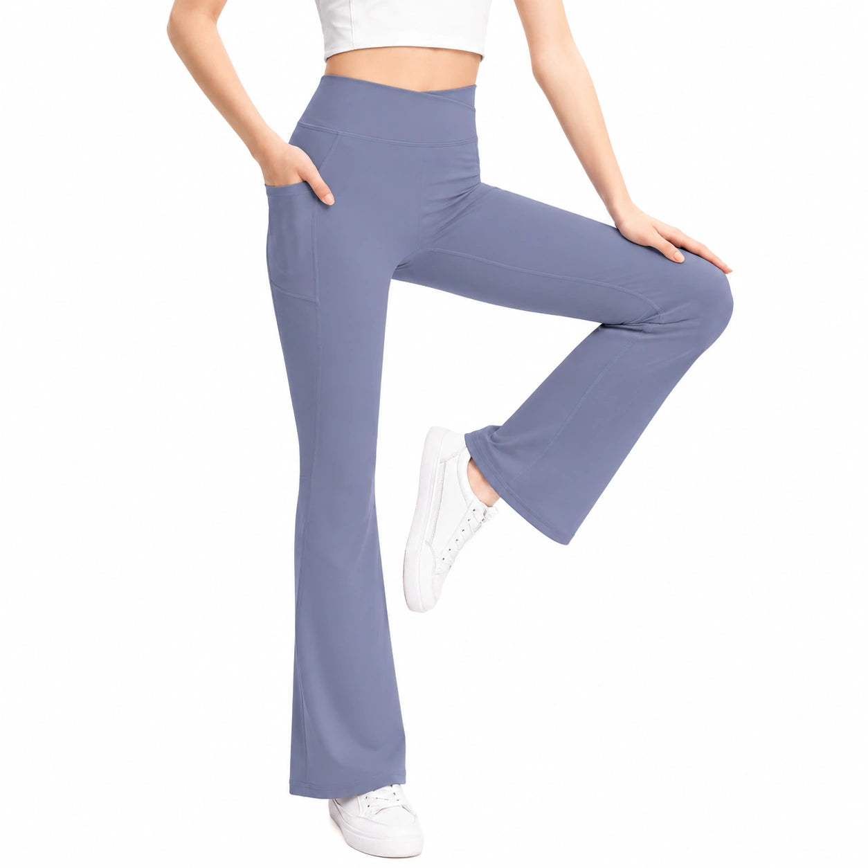 Legging femme S en tissu extensible bleu ardoise taille haute évasé sport