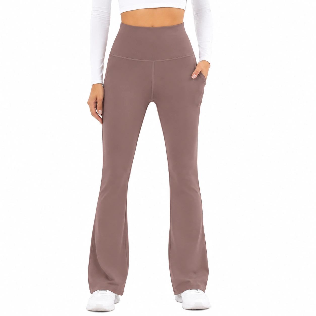 Pantalon de sport femme S en tissu extensible taupe taille haute coupe évasée