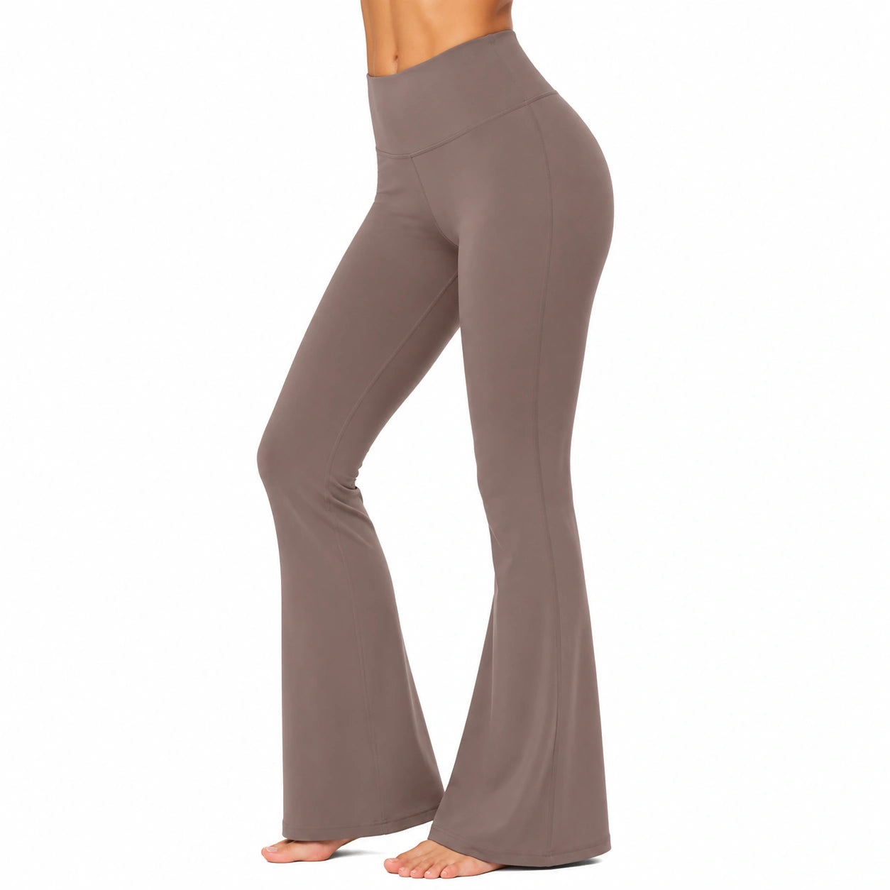 Pantalon legging évasé M en tissu extensible taupe taille haute yoga
