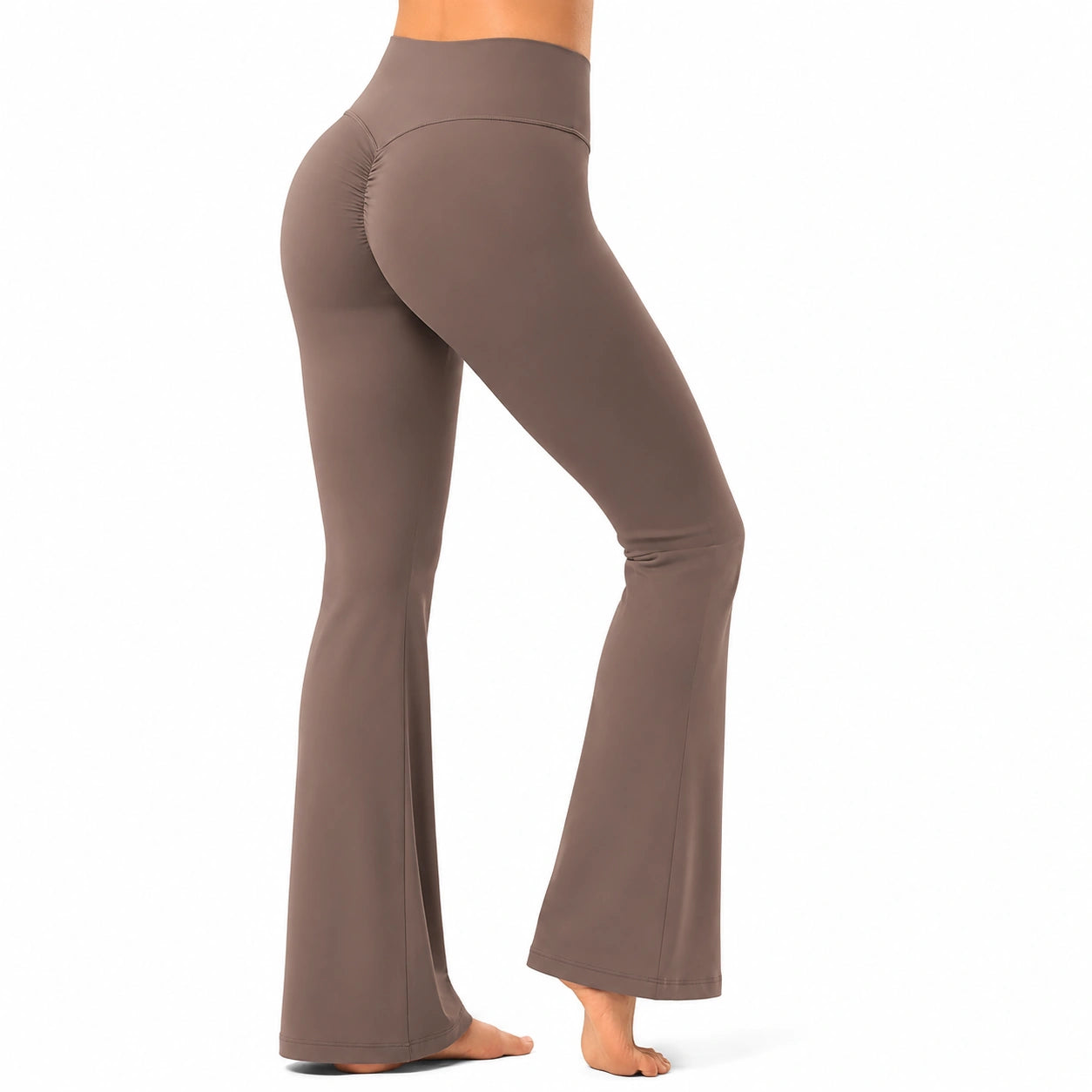 Pantalon évasé femme L en tissu extensible marron taille haute style yoga