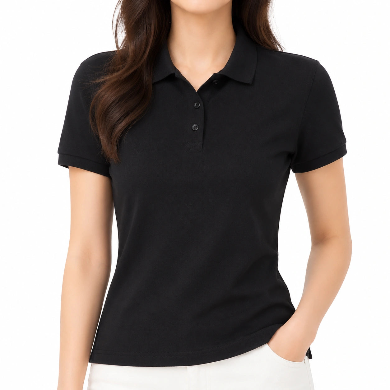 Polo femme taille S noir en maille à manches courtes - coupe ajustée