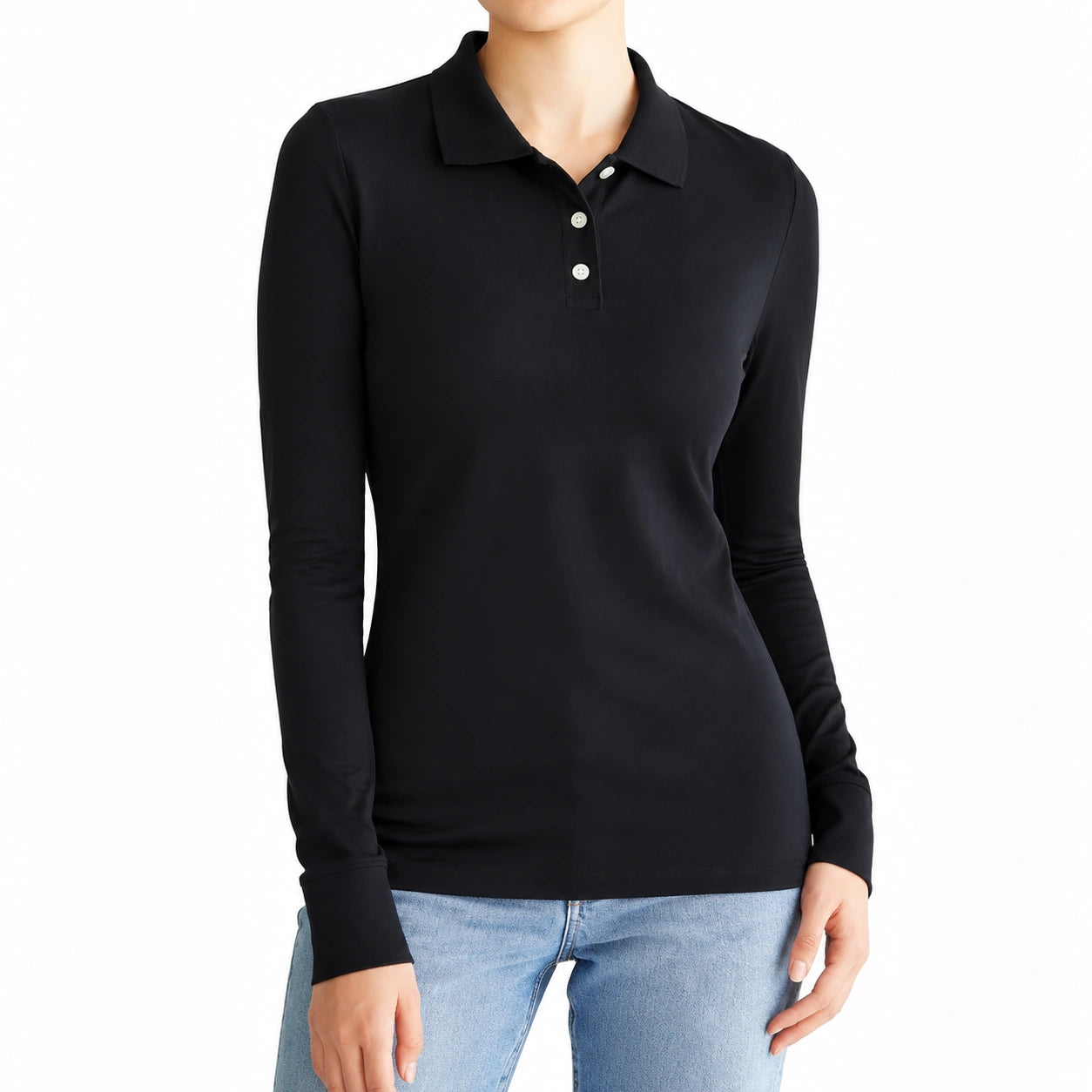 Polo femme taille S noir à manches longues en tissu extensible style décontracté