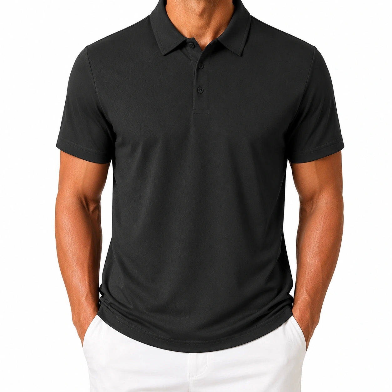 Polo homme XL en tissu synthétique noir à manches courtes style classique