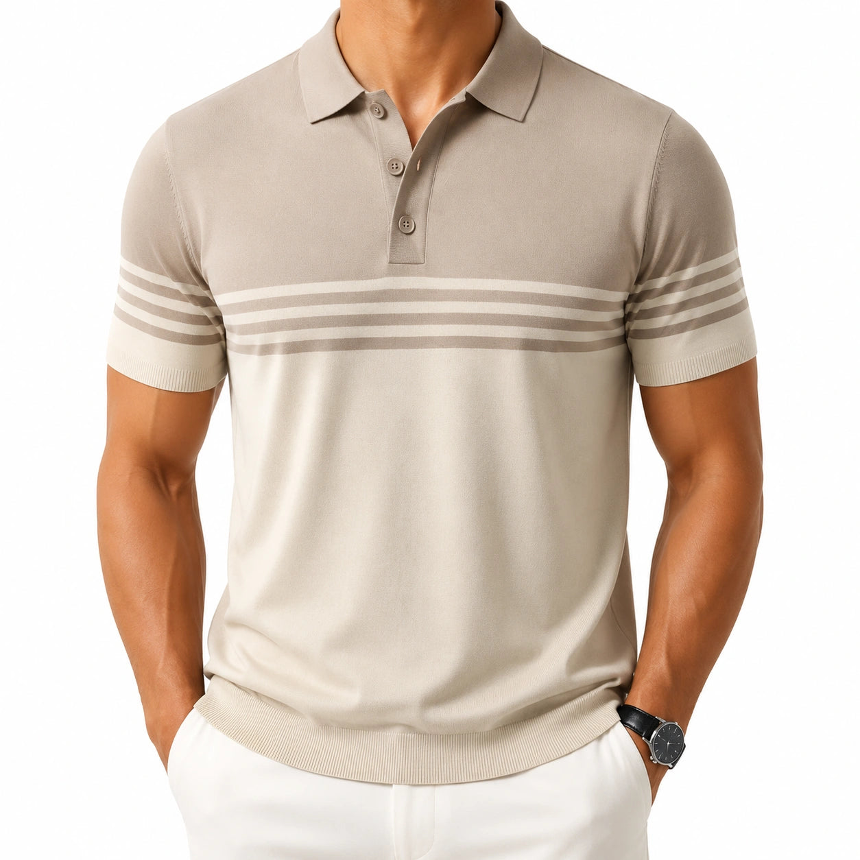 Polo homme XL en maille beige à rayures style décontracté
