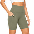 Short legging femme taille haute vert kaki en tissu extensible avec poche taille L
