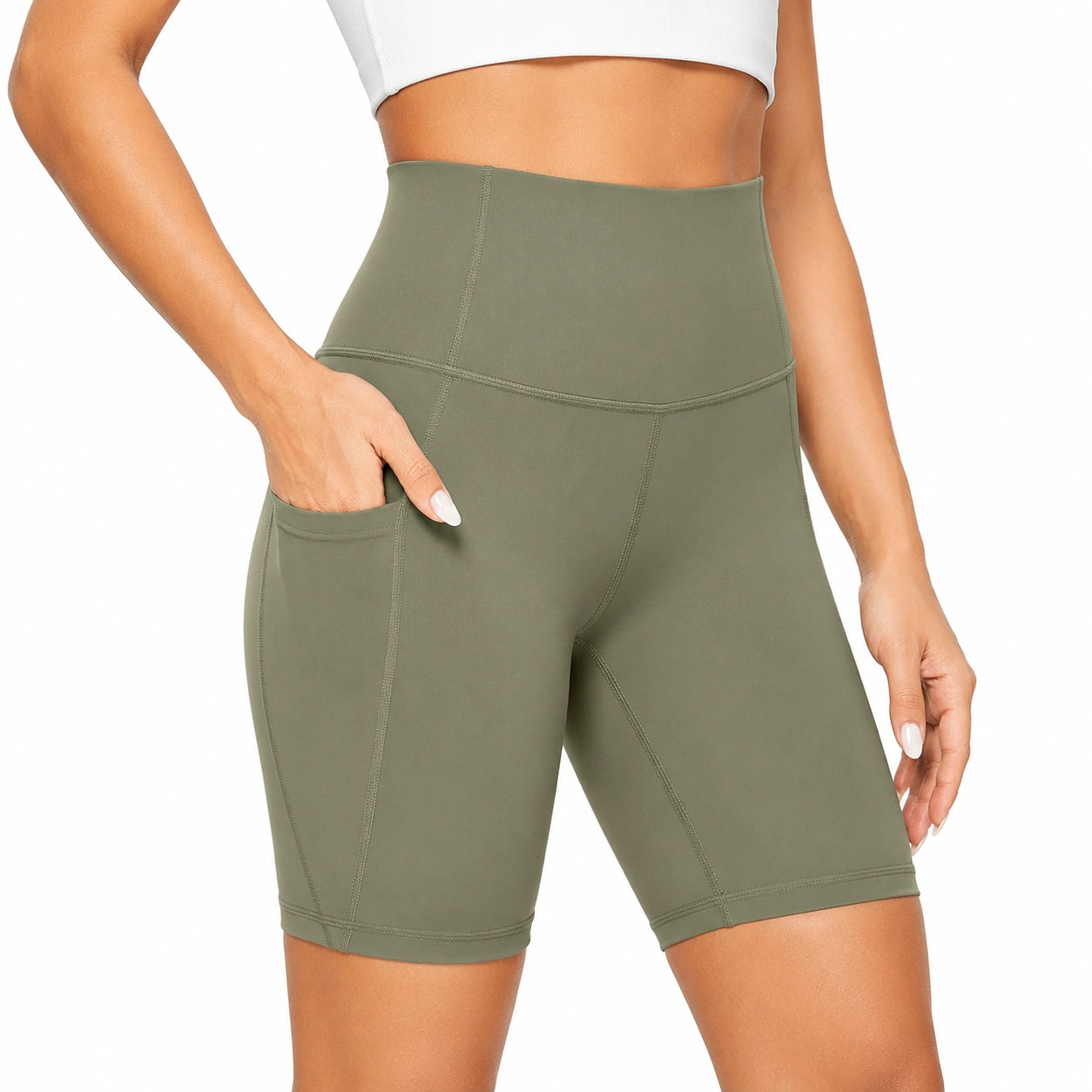 Short legging femme taille haute vert kaki en tissu extensible avec poche taille L