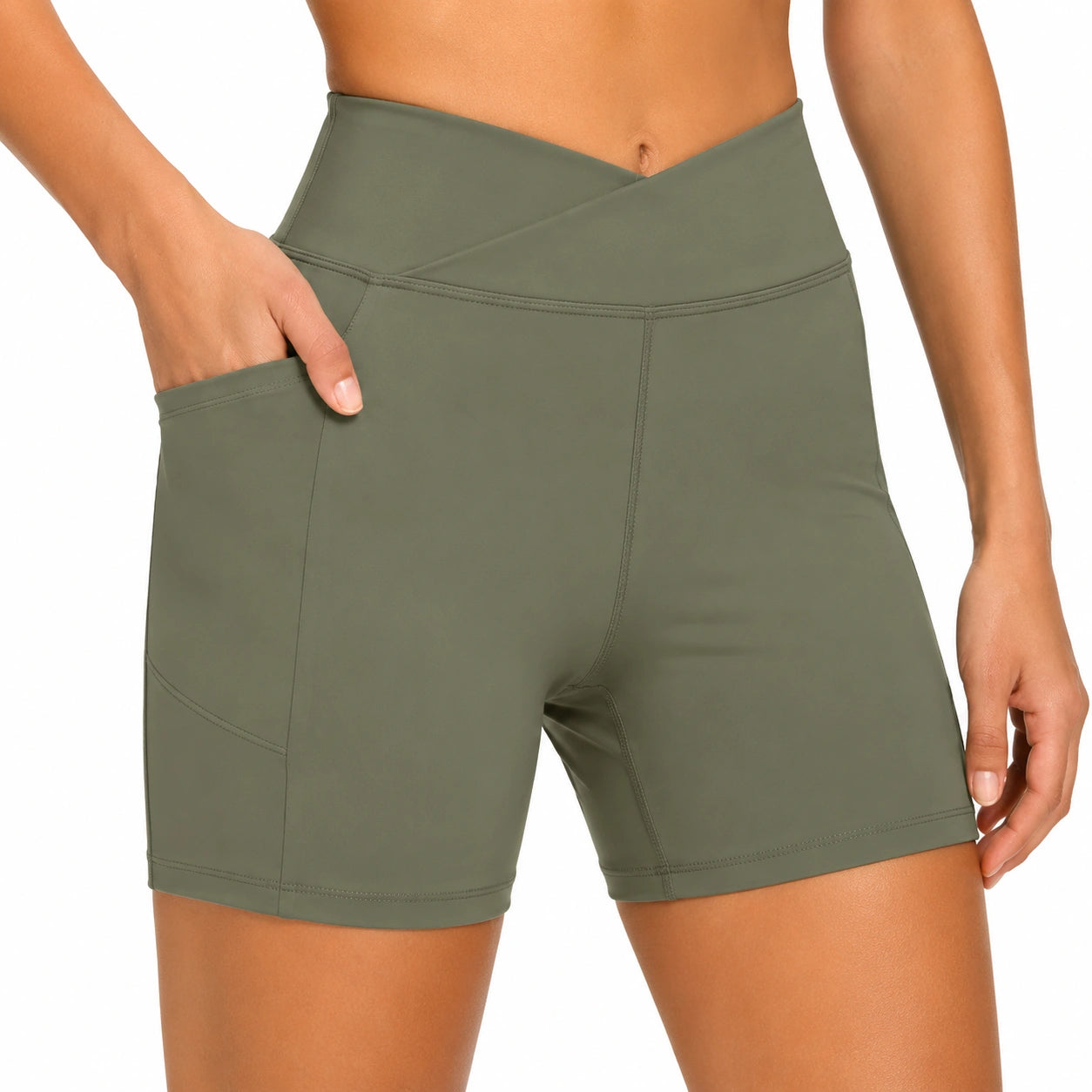 Short cycliste femme L vert kaki extensible à poches taille haute