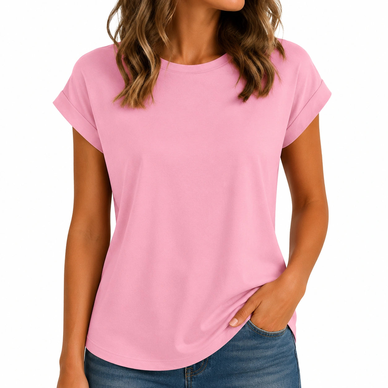 T-shirt femme taille M rose en tissu à manches courtes coupe décontractée