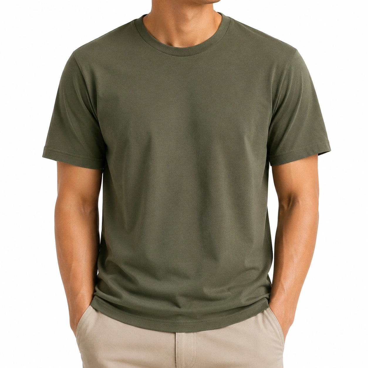 T-shirt homme L en coton vert kaki à manches courtes coupe droite